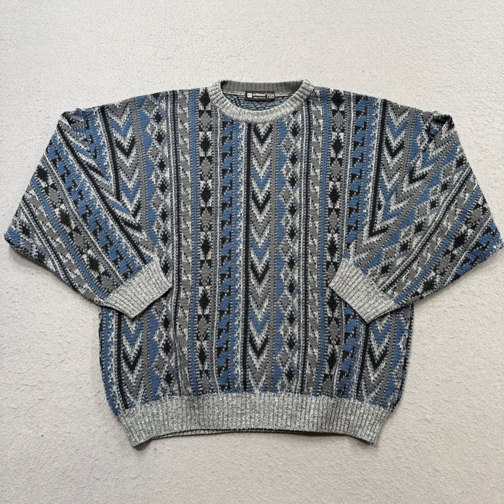 Vintage St Michael Sweater Men's 42 Blue Geometric Fair Isle Knit Pullover UK